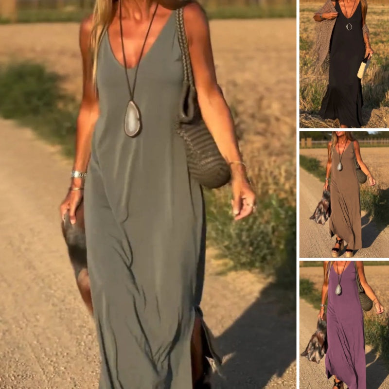 INLANDSIS Rugloze cami-jurk voor dames, zomer, casual, mouwloos, rugvrije maxi-jurk, strandspaghettibandjes met striksluiting, rozerood, XXL