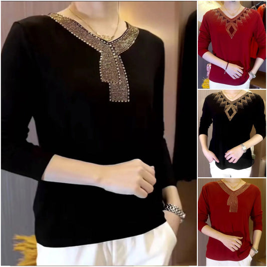 2025 High quality winter velvet long sleeve t-shirt with rhinestones, warm and fashionable