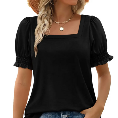 🔥Zomeruitverkoop - 49% korting🔥Casual T-shirt met vierkante hals en smokwerkmouwen voor dames