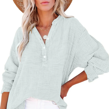 2025 Nieuw Casual blouse met lange mouwen en gaasknoopsluiting voor dames