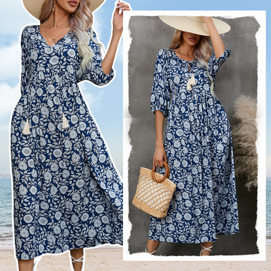 Elegante lange jurk met V-hals en bloemenprint voor dames