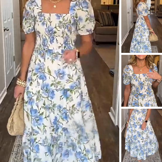 Elegante damesjurk met print en vierkante hals