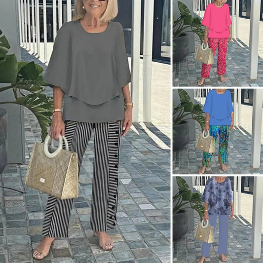 Dames Casual Tweedelige Set: Ronde Hals Halve Mouw Top en Geprinte Broek